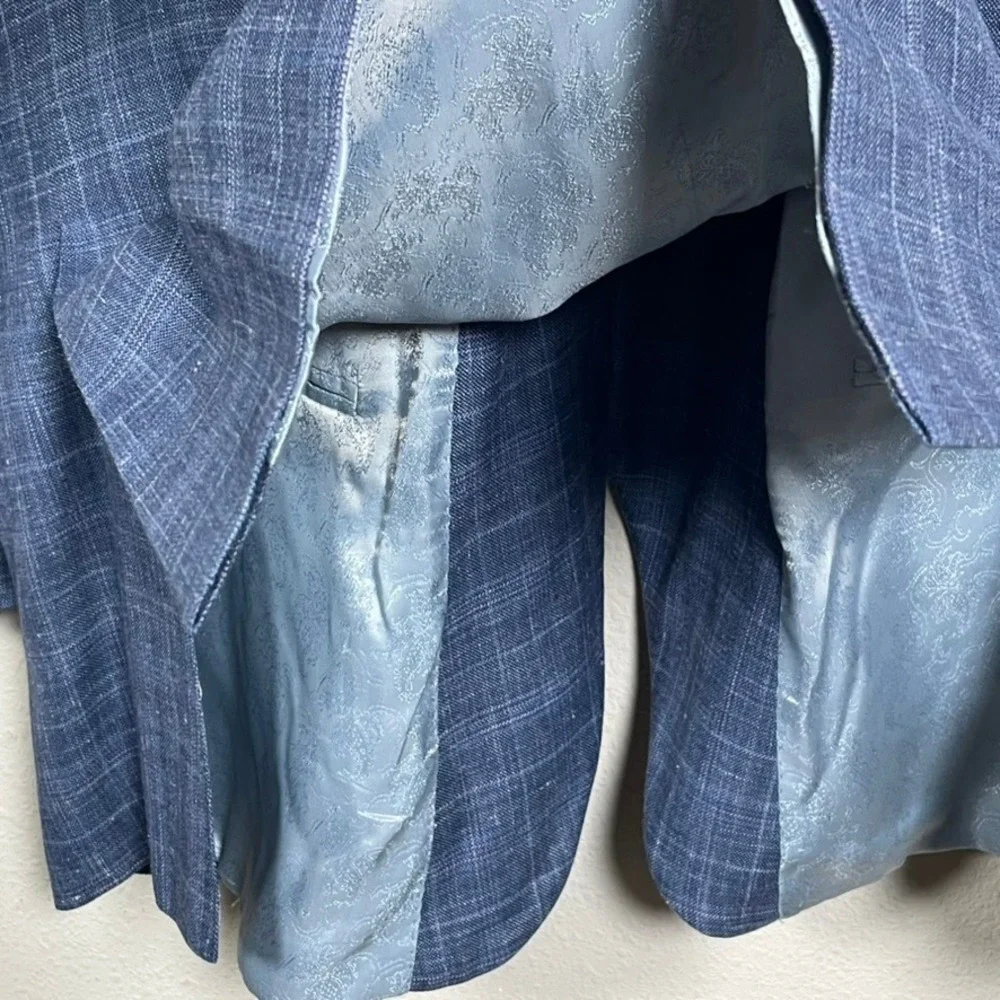 Peter Millar Blazer Mens 50R Blue Plaid Silk Linen Wool E. Thomas Italian Fabric